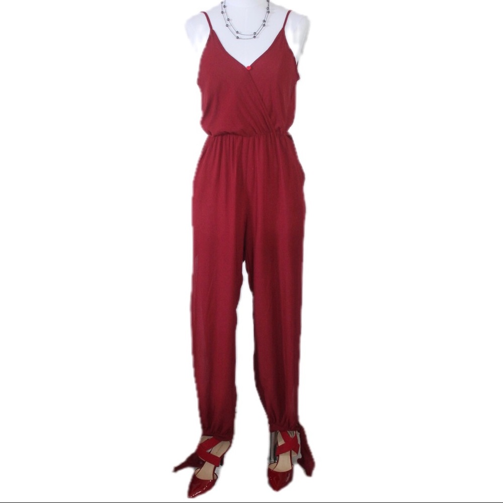 Romper MED Spaghetti Strap Burgundy Red Split-Leg Summer Cotton Jumpsuit